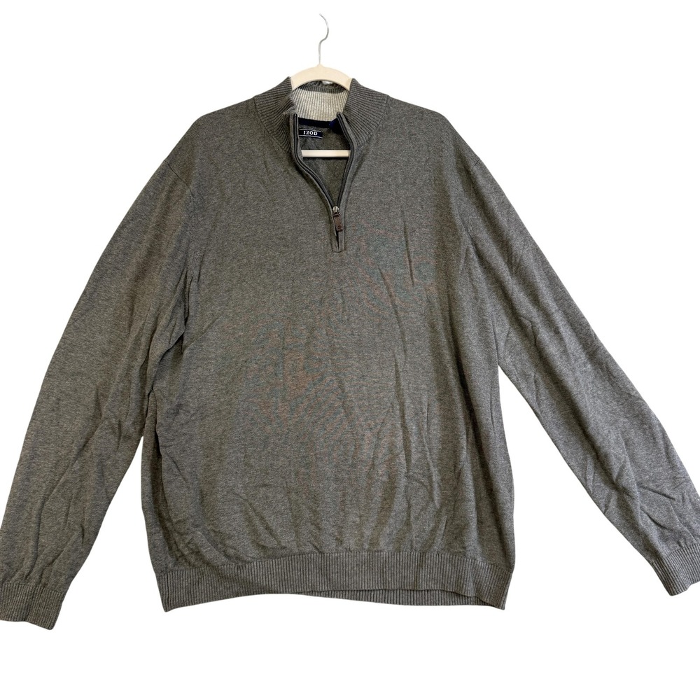 IZOD Sweater Mens XL Gray Cotton 1/4 Zip Mock Neck Knit Lightweight Pullover